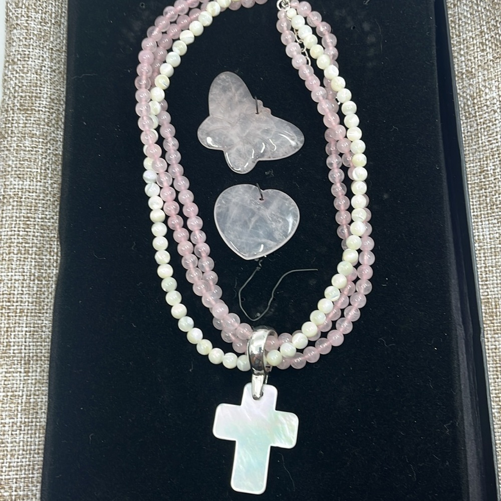 Vintage Rose Quartz Pearl Necklace Set - Mother-of-Pearl Cross Pendant - Picture 8 of 16